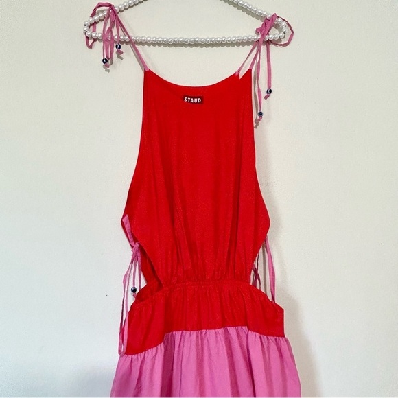 ❌SOLD❌STAUD Minerva Red & Pink Color Block Side Tie Maxi Dress SIZE XS - Picture 3 of 11